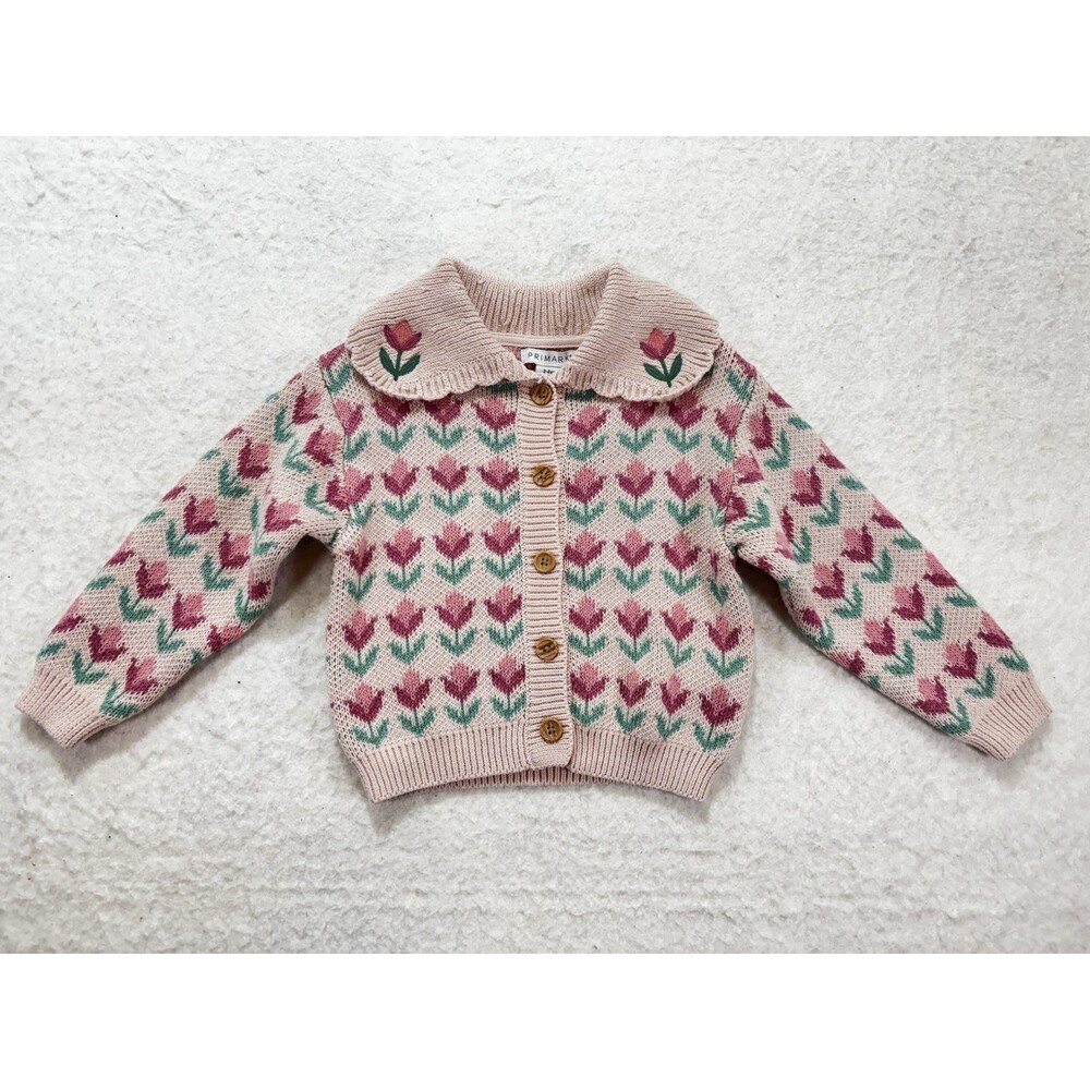 Primark Girls Pink Button-Up Cardigan 3-4 Years Soft Knit Collared Retro Tulip